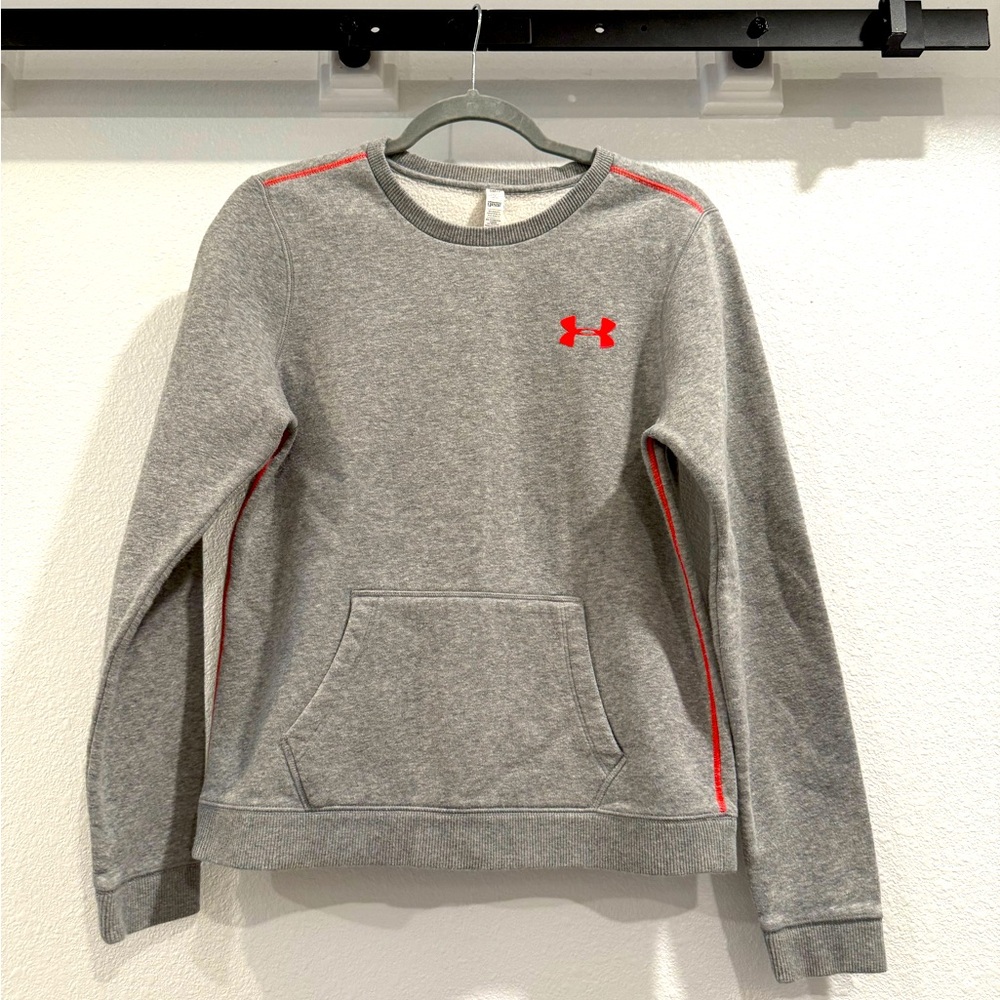 Under Armour pullover sweatshirt, gray with neon orange accent stripes and logo